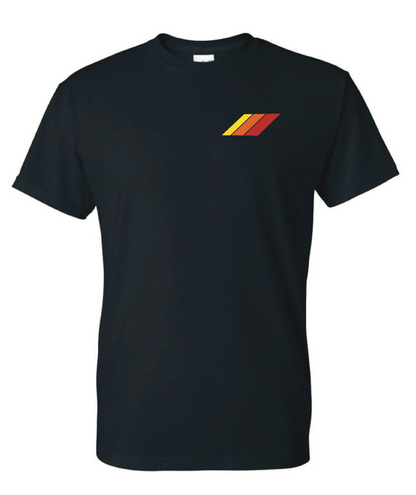 Black t-shirt with a colorful logo on a white background