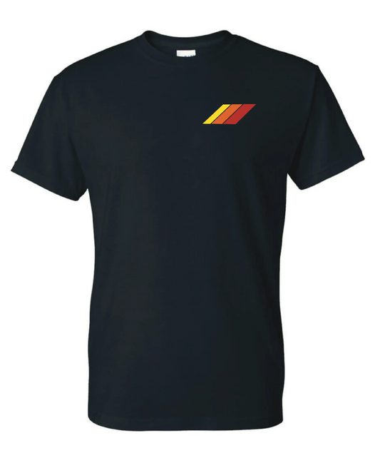 Black t-shirt with a colorful logo on a white background